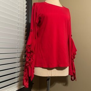 A.Z.I Elegant Red Jewel Ribbon Ruffle Sleeve Blouse